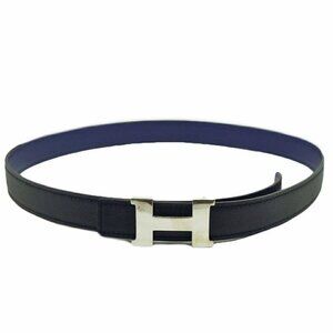 Hermes Constance Belt Logo Black Navy Silver Swift Veau